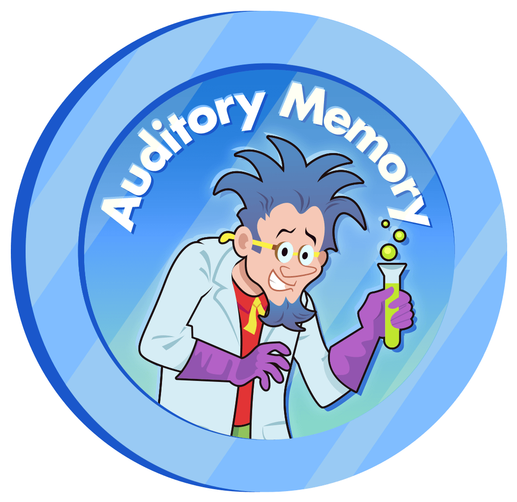 A cartoon spy character standing inside a high-tech mission control room background from the HearBuilder Auditory Memory software.