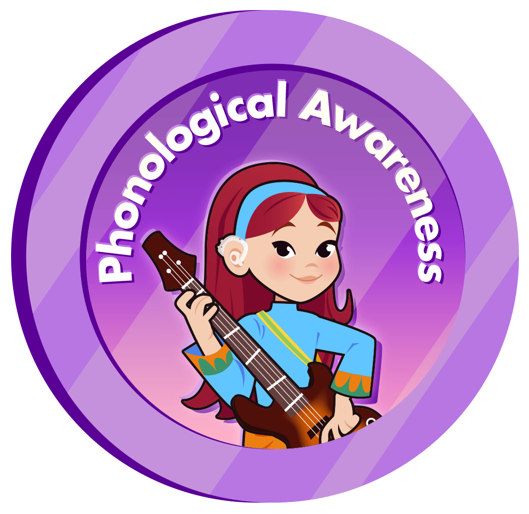 Animated cartoon characters from The Phonemix rock band in HearBuilder Phonological Awareness software.