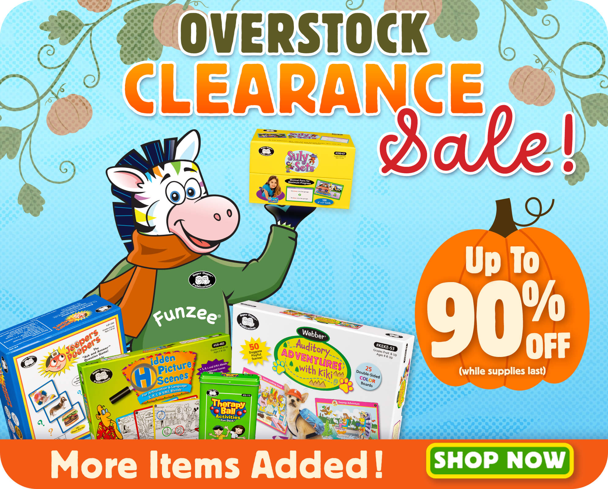 Clearance sale graphic for Super Duper Publications with savings up to 90% off Fun Decks and learning games.