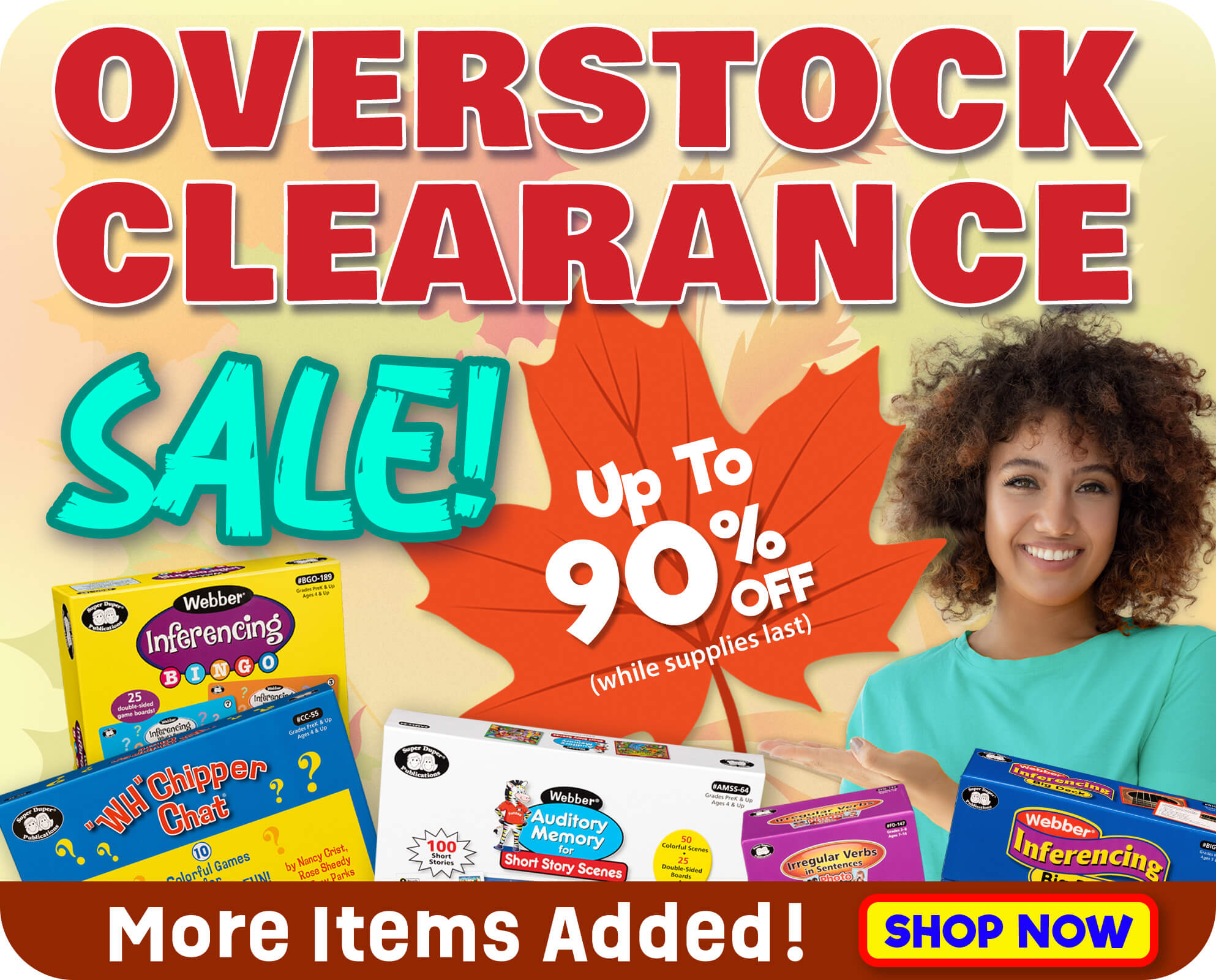 Clearance sale graphic for Super Duper Publications with savings up to 90% off Fun Decks and learning games.