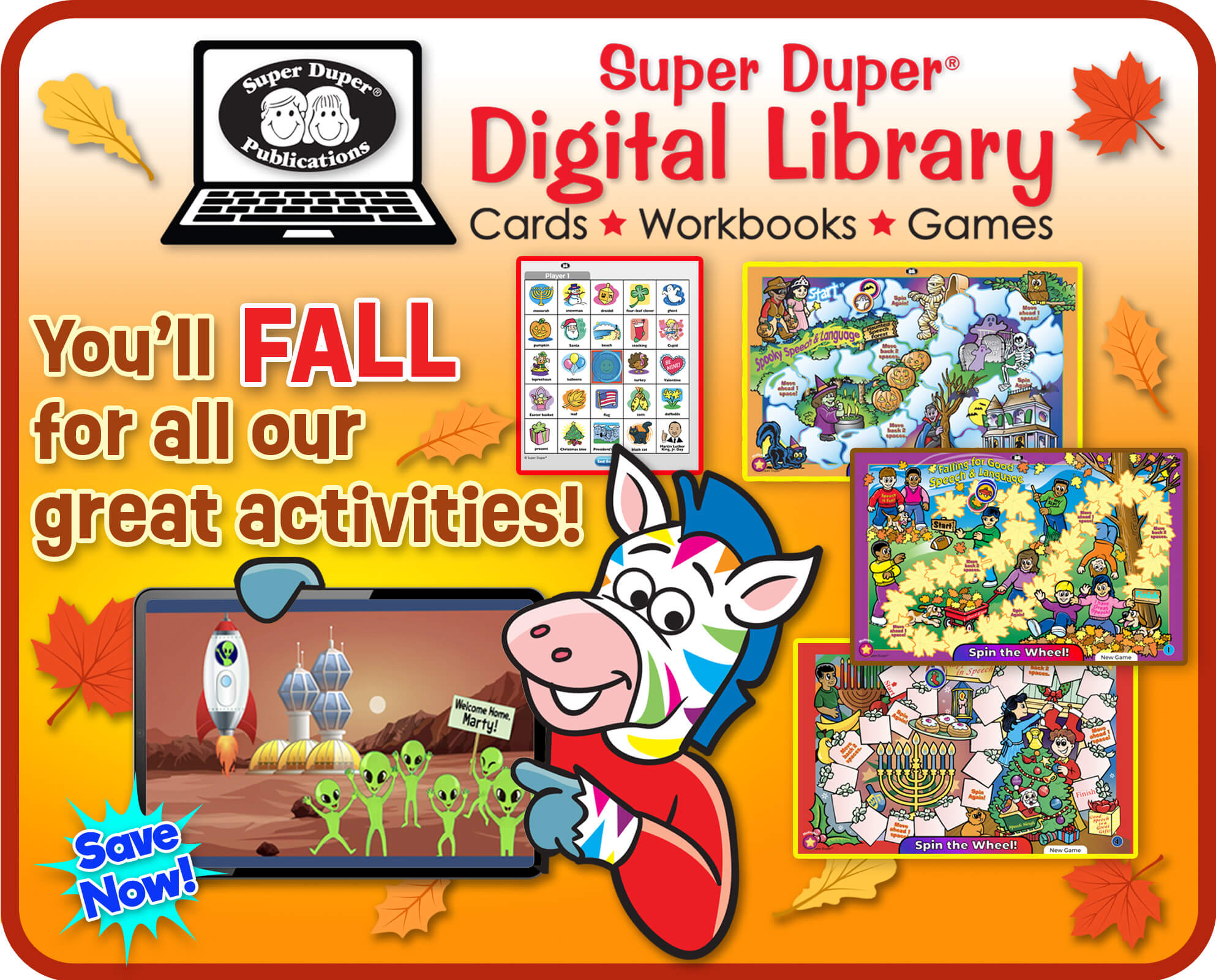 Graphic promoting Super Duper Digital library as a fun interactive speech therapy to go back-to-school with a  free trial offer.