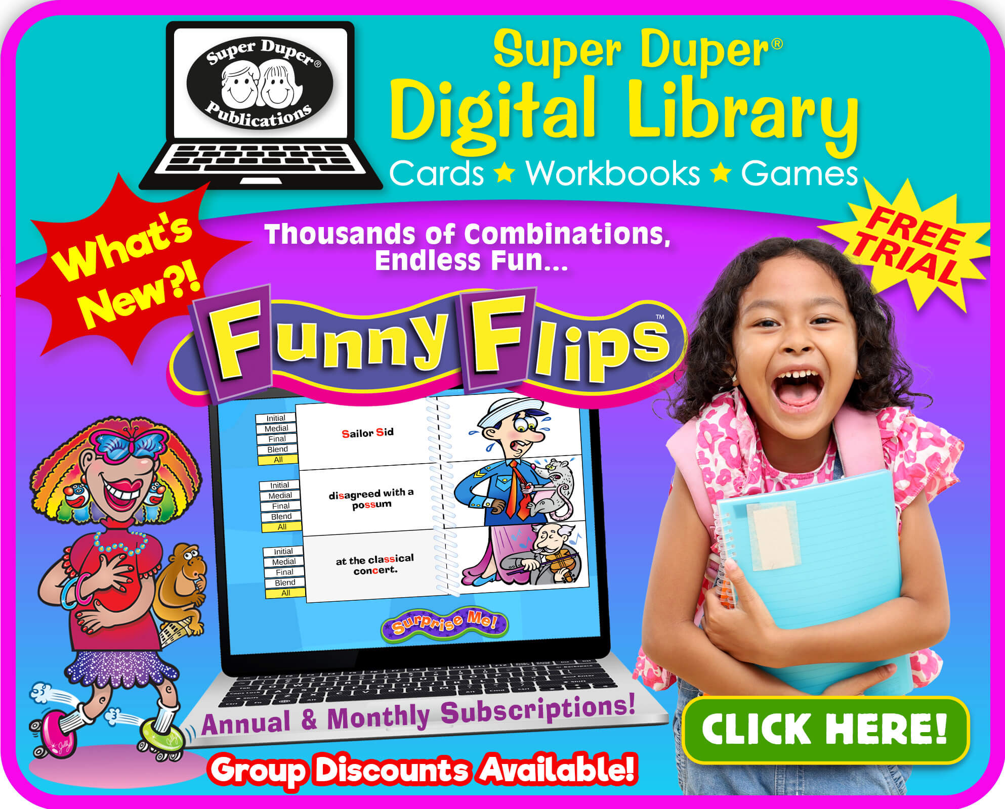 Graphic promoting  New Super Duper Digital library Funny Flips - Thousands of Combinations, Endless Fun...